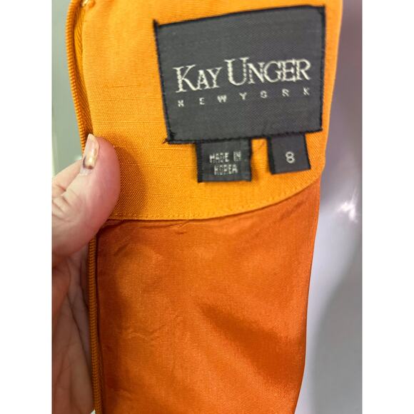 Kay Unger Midi Shift Dress 8 Orange Silk Cap Sleeves Retro Cocktail Party Career - Picture 7 of 9